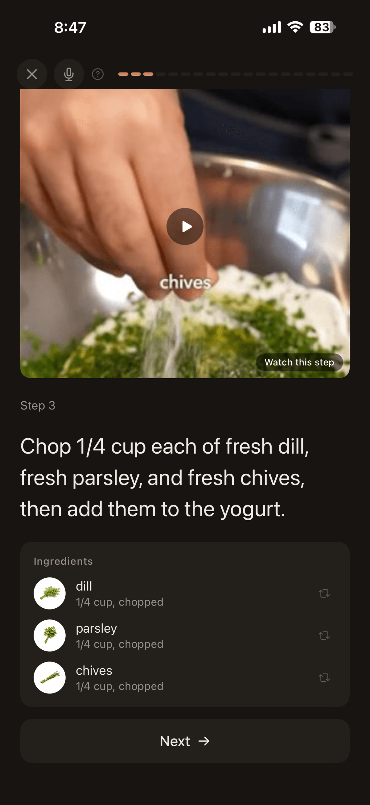 Cook mode with step-by-step instructions